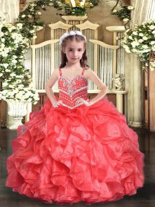 Perfect Straps Sleeveless Pageant Gowns Floor Length Beading and Ruffles Coral Red Organza