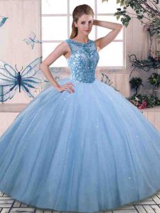 Floor Length Blue Quince Ball Gowns Scoop Sleeveless Lace Up