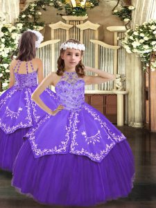 Purple Tulle Lace Up Halter Top Sleeveless Floor Length Girls Pageant Dresses Beading and Embroidery