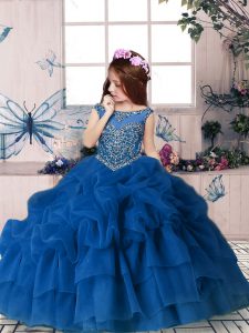 Discount Blue Scoop Neckline Beading and Pick Ups Little Girl Pageant Dress Sleeveless Zipper
