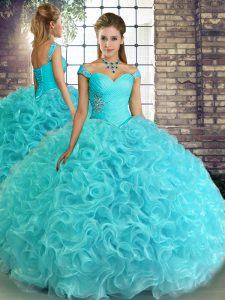 Fitting Off The Shoulder Sleeveless Lace Up Quinceanera Dresses Aqua Blue Fabric With Rolling Flowers