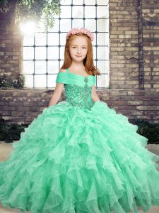 Adorable Beading and Ruffles Little Girls Pageant Dress Apple Green Lace Up Sleeveless Floor Length