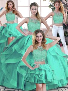 Vintage Sleeveless Floor Length Beading and Ruffles Zipper Quince Ball Gowns with Turquoise
