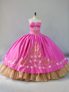 Rose Pink Lace Up Sweetheart Embroidery Quinceanera Dresses Satin Sleeveless