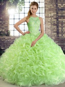 High Class Scoop Sleeveless Fabric With Rolling Flowers Quinceanera Gown Beading Lace Up