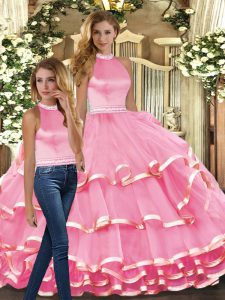 Sleeveless Organza Floor Length Backless Quinceanera Gown in Pink with Ruffled Layers