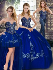 Exceptional Sleeveless Tulle Floor Length Lace Up Vestidos de Quinceanera in Royal Blue with Beading and Embroidery