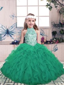 High Quality Green High-neck Neckline Beading and Ruffles Kids Pageant Dress Sleeveless Lace Up