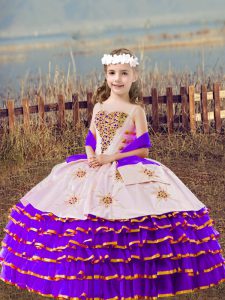 Floor Length Lavender Child Pageant Dress Organza Sleeveless Beading and Embroidery and Ruffled Layers
