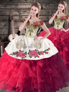 Stylish Off The Shoulder Sleeveless Satin and Organza Party Dress Wholesale Embroidery and Ruffles Lace Up
