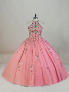 Pink Tulle Lace Up Quinceanera Dress Sleeveless Brush Train Appliques and Embroidery