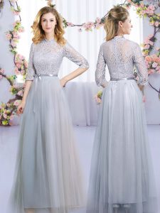 High Quality Half Sleeves Floor Length Lace and Belt Zipper Dama Dress for Quinceanera with Grey