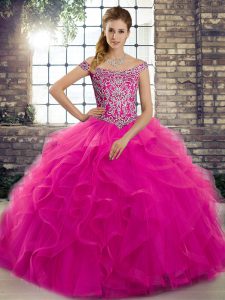 Custom Fit Beading and Ruffles Quinceanera Gown Fuchsia Lace Up Sleeveless Brush Train