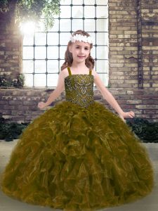 Wonderful Straps Sleeveless Pageant Dress Toddler Floor Length Beading and Ruffles Olive Green Organza