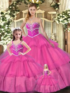 High Class Hot Pink Ball Gowns Organza Sweetheart Sleeveless Beading Floor Length Lace Up Sweet 16 Dress