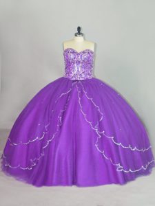 Elegant Purple Tulle Lace Up Sweetheart Sleeveless Sweet 16 Dress Brush Train Beading and Sequins