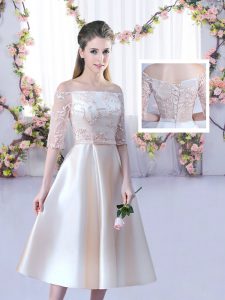 Champagne A-line Satin Off The Shoulder Half Sleeves Lace and Belt Tea Length Lace Up Quinceanera Court Dresses