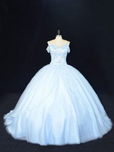 Blue Ball Gowns Tulle Off The Shoulder Sleeveless Beading Lace Up 15th Birthday Dress Court Train