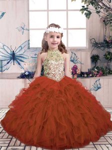Rust Red Sleeveless Tulle Lace Up Little Girl Pageant Dress for Party and Military Ball and Wedding Party