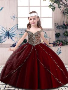 Luxurious Sleeveless Tulle Floor Length Lace Up Pageant Dress Toddler in Wine Red with Beading