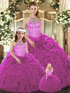 Stunning Halter Top Sleeveless Organza Quinceanera Dresses Beading and Ruffles Lace Up