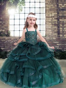 Peacock Green Tulle Lace Up Straps Sleeveless Floor Length Little Girl Pageant Dress Beading and Ruffles