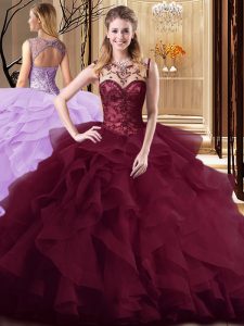 Extravagant Scoop Sleeveless Tulle Quinceanera Gowns Beading and Ruffles Brush Train Lace Up
