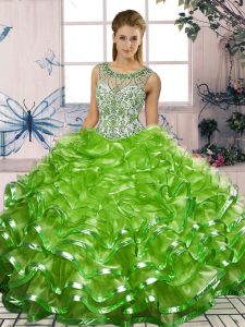 Decent Organza Scoop Sleeveless Lace Up Beading and Ruffles Quinceanera Gown in