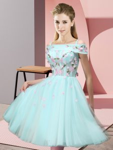 Cheap Apple Green Short Sleeves Tulle Lace Up Quinceanera Dama Dress for Wedding Party