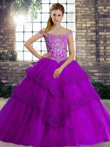 Traditional Sleeveless Tulle Brush Train Lace Up Vestidos de Quinceanera in Purple with Beading and Lace