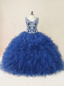 Sleeveless Tulle Floor Length Backless 15 Quinceanera Dress in Navy Blue with Embroidery and Ruffles
