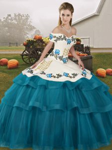 Sleeveless Embroidery and Ruffled Layers Lace Up 15 Quinceanera Dress with Teal Brush Train