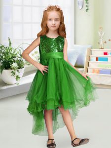 Designer Green Organza Zipper Toddler Flower Girl Dress Sleeveless High Low Sequins and Bowknot