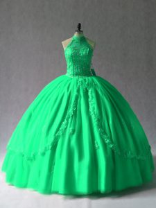 Fashionable Green Halter Top Lace Up Appliques Quinceanera Gowns Sleeveless