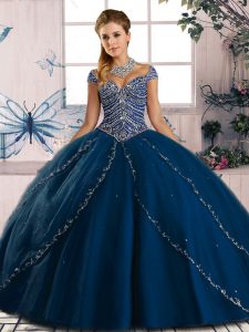 Inexpensive Sweetheart Cap Sleeves Brush Train Lace Up Quinceanera Gown Blue Tulle