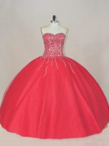 Deluxe Coral Red Lace Up Sweetheart Beading Quinceanera Dresses Tulle Sleeveless