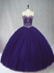 Exquisite Purple Ball Gowns Sweetheart Sleeveless Tulle Floor Length Lace Up Beading Ball Gown Prom Dress