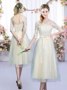 Dynamic Champagne Empire Lace and Bowknot Dama Dress Lace Up Tulle Half Sleeves Tea Length