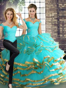 Hot Selling Aqua Blue Lace Up Quinceanera Gowns Beading and Ruffled Layers Sleeveless Floor Length