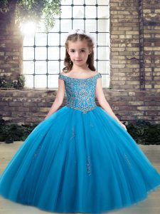 Customized Floor Length Ball Gowns Sleeveless Baby Blue Kids Formal Wear Lace Up
