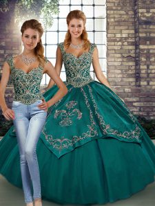 Custom Design Teal Tulle Lace Up Straps Sleeveless Floor Length Ball Gown Prom Dress Beading and Embroidery