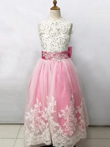 Exceptional Sleeveless Tulle Floor Length Lace Up Toddler Flower Girl Dress in Pink And White with Beading and Lace and Bowknot