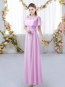 Elegant Short Sleeves Chiffon Floor Length Zipper Court Dresses for Sweet 16 in Lilac with Appliques