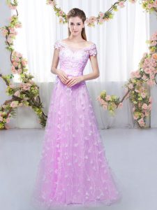 Free and Easy Floor Length Empire Cap Sleeves Lilac Quinceanera Dama Dress Lace Up