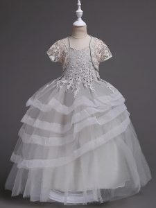 Tulle Sleeveless Floor Length Flower Girl Dresses and Appliques and Ruffled Layers