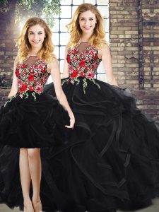 Superior Scoop Sleeveless Quince Ball Gowns Floor Length Embroidery and Ruffles Black