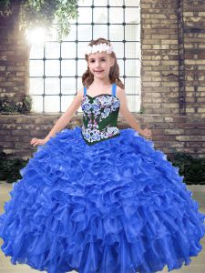 Cute Floor Length Ball Gowns Sleeveless Blue Kids Pageant Dress Lace Up