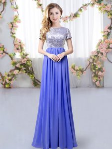Noble Lavender Quinceanera Court Dresses Prom and Party and Wedding Party with Sequins Scoop Short Sleeves Zipper