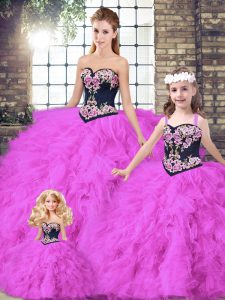 Stylish Fuchsia Ball Gowns Beading and Embroidery Sweet 16 Dresses Lace Up Tulle Sleeveless Floor Length