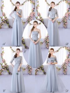 Sumptuous Empire Court Dresses for Sweet 16 Grey V-neck Tulle Sleeveless Floor Length Lace Up